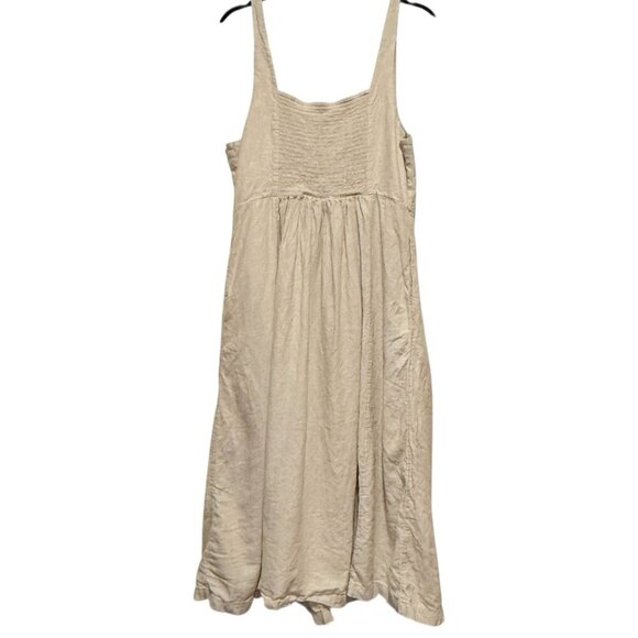 Old Navy Size XL Linen Blend Oatmeal Beige Sleeveless Smocked Midi Dress Beachy - Picture 3 of 9